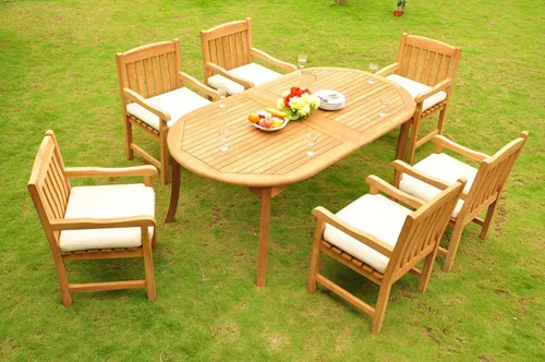 Vista 3 de 6 plazas grade-a Extensiones de 7 PC Conjunto de comedor: 117", doble de madera de teca ovalada mesa de comedor y 6 Devon Brazo/Capitán Sillas #