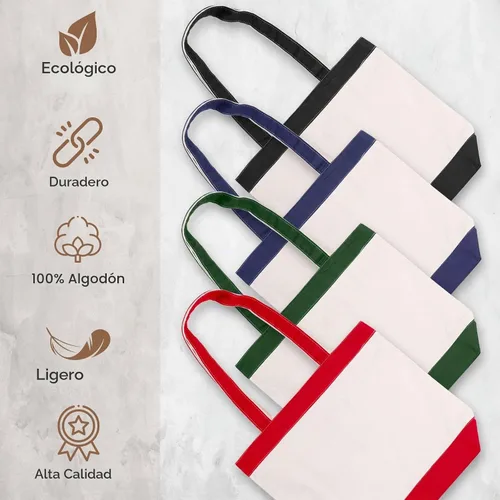 Vista 5 de Bolsa de lona con asas para mujer, bolsa de tela reutilizable para comestibles y compras - Bolsa de algodón en blanco, adecuada para proyectos
