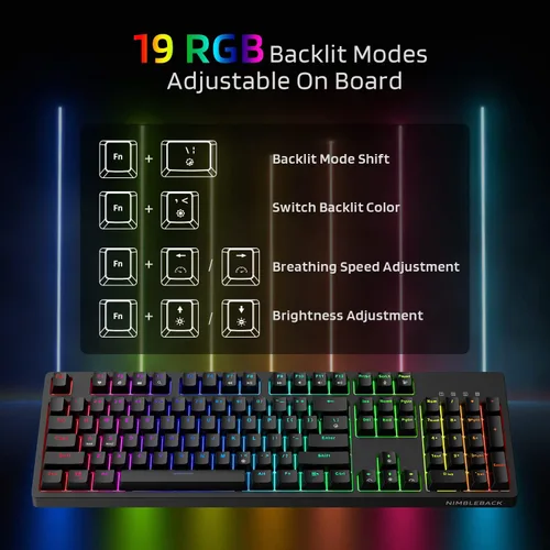 Vista 5 de LTC NB1041 Nimbleback Teclado mecánico con cable intercambiable en caliente 104 teclas RGB retroiluminado para juegos interruptor rojonegro