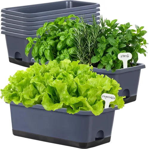 Vista 9 de Oliz Macetero rectangular para ventana, 8 unidades, 17 pulgadas con agujeros de drenaje y bandejas, macetas para alféizar de ventana, patio, jardín