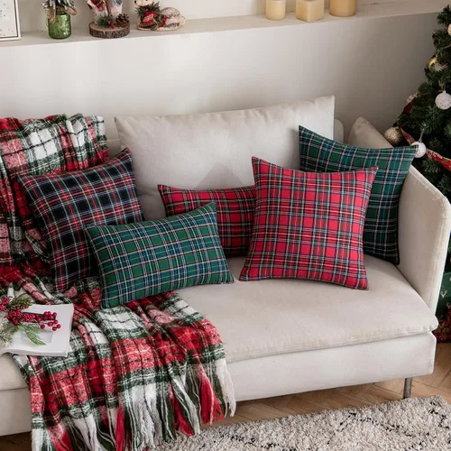 Vista 4 de EMEMA - Juego de 2 fundas para cojines decorativas de tartán rojo navideño escocés, para sofá, 16 x 16 pulgadas, estilo rústico de casa de campo