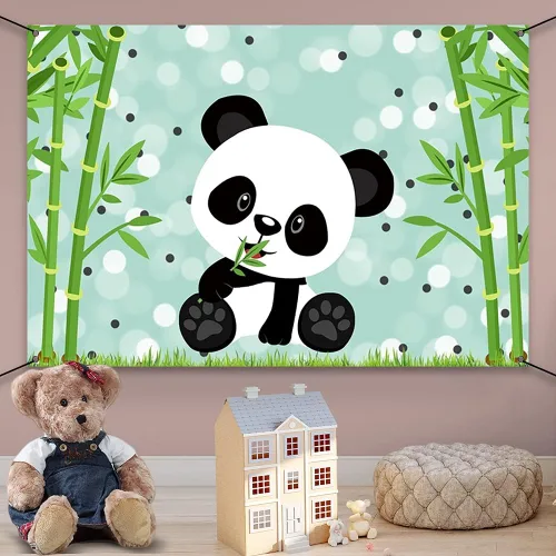Vista 5 de AWERT Cartel de poliéster de 6 x 3.6 pies con lindo panda de dibujos animados para niños, decoración de fiesta de cumpleaños, suministros de fiesta