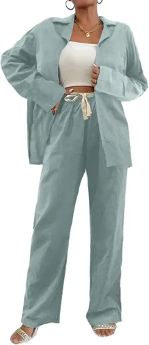 Vista 2 de Ekouaer Conjunto de pijama de dos piezas para mujer de lino y algodón con botones de manga larga con bolsillo S-XXL