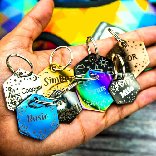 Vista 2 de Placa de identificación personalizada para perro con 5 líneas con grabado personalizado y profundo de acero inoxidable duradero, tamaño pequeño