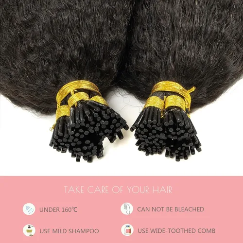 Vista 6 de Loxxy Extensiones de cabello humano rizado con punta I Tip, extensiones de cabello humano rizado negro natural, extensiones de cabello preunido