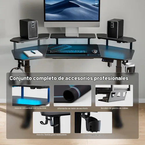 Vista 7 de EUREKA ERGONOMIC Aero - Escritorio eléctrico de pie en forma de W de 55 pulgadas, escritorio para juegos de computadora de altura ajustable con Negro