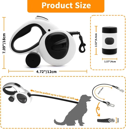 Vista 5 de Correa retráctil para perro con luz LED recargable por USB, correa resistente de 16 pies con soporte para bolsa de excrementos y cable a prueba