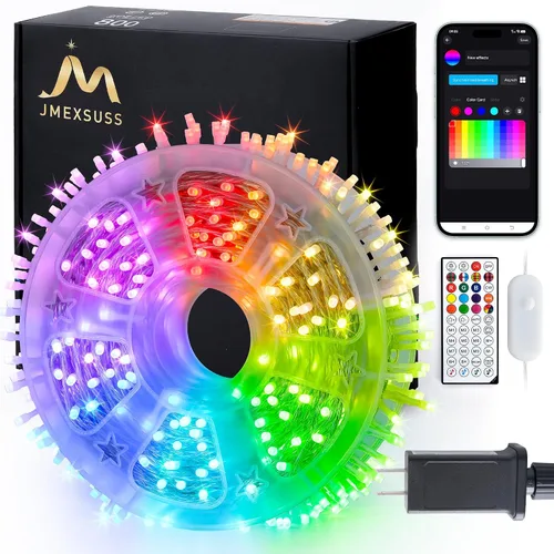 Vista 18 de JMEXSUSS 150 luces LED azules de Navidad para interiores y exteriores, luces de cadena conectables de 59 pies con enchufe, 8 modos de luces de hadas