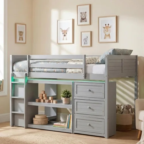 Vista 3 de KOMFOTT Twin Low Loft Bed with LED Lights, Modern Loft Bed (Grey)