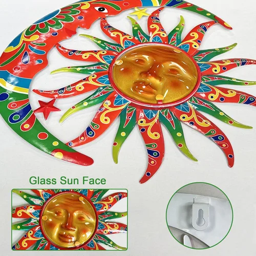 Vista 5 de Limygus Adornos de Sol y Luna para Pared para Exteriores, Arte de Pared de Metal Colorido con Sol y Luna y Estrellas Perfecto para Patio, Jardín
