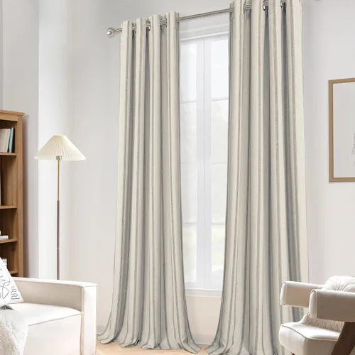Vista 37 de DriftAway Cortinas opacas de mezcla de lino de granja de 90 pulgadas de largo para dormitorio, cortinas de lino con estampado de rayas verticales