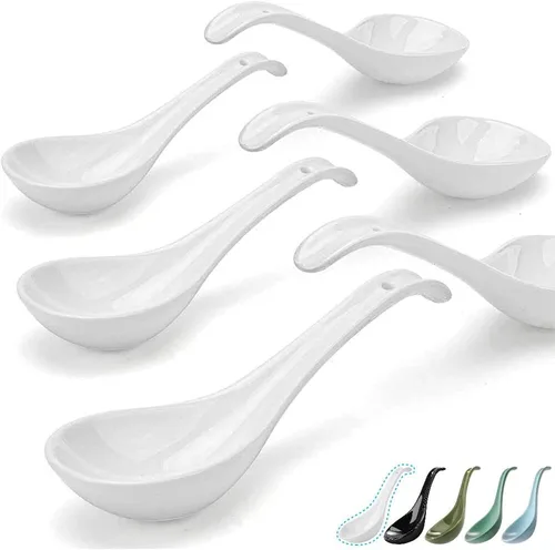 Vista 10 de Artena Juego de 6 cucharas de sopa asiática de 6.75 pulgadas, cuchara de sopa japonesa de porcelana ultrafina, cucharas de ramen negras para fideos