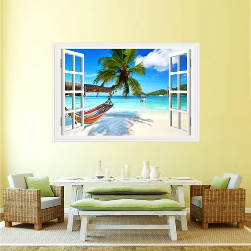 Vista 6 de 2 calcomanías autoadhesivas para pared, romántica, sala de estar, dormitorio, estudio, oficina, decoración de pared, paisaje del océano, calcomanía