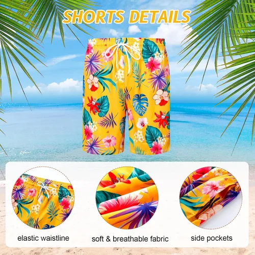 Vista 5 de Harloon Conjunto de 4 piezas de camisa hawaiana y pantalón corto para hombre, casual, con botones, verano, playa, flores, con sombreros, gafas de sol