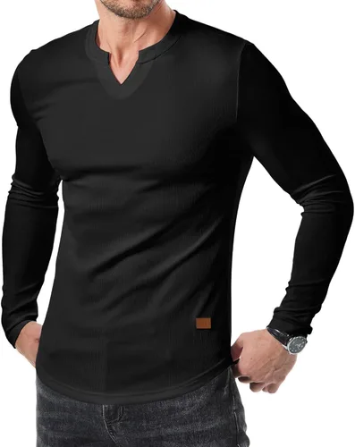 Vista 19 de JMIERR Camisetas de manga larga para hombre, estilo casual, cuello en V Negro+Blanco