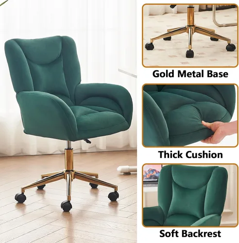Vista 4 de Silla de escritorio de terciopelo suave cómoda con patas y ruedas de metal dorado, silla de oficina cómoda giratoria de 360 grados con altura Verde
