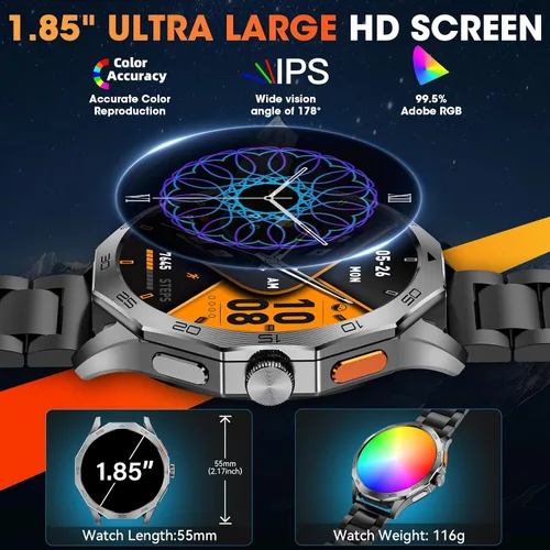 Vista 5 de Reloj inteligente militar para hombre, pantalla HD Ultra de 1.85 pulgadas, pantalla táctil, batería de 710 mAh, relojes inteligentes para Android