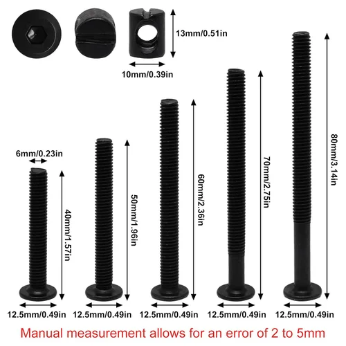 Vista 2 de Juego de 25 tornillos negros para cuna, juego de tornillos hexagonales para literas y cunas M6×40mm/1.969 in/2.362 in/2.756 in/3.150 in