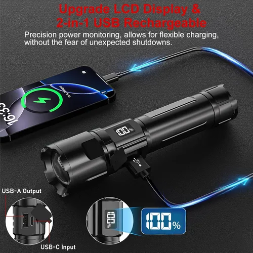 Vista 12 de Linterna 20000 Lúmenes Altos Recargable - Paquete de 2 Luz LED Flash Súper Brillante de 30W 24H de Larga Duración y Haz de 5000ft USB C Linterna