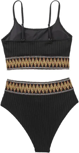 Vista 6 de Beawaenn Bikini acanalado para mujer, traje de baño de cintura alta con control de abdomen, 2 piezas