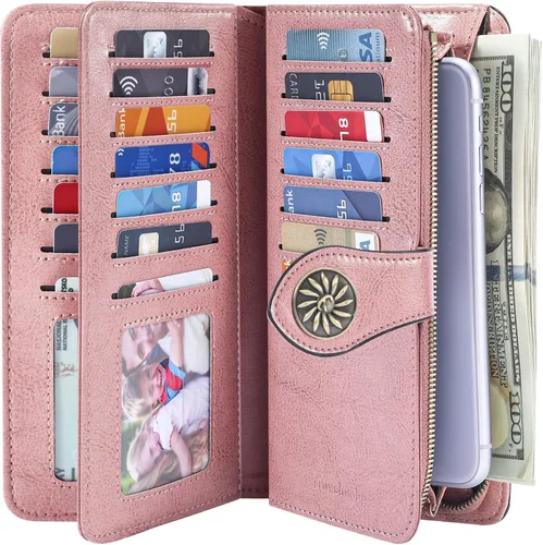 Vista 2 de Travelambo Cartera de mujer con bloqueo RFID para tarjetas de crédito, cartera de cuero de gran capacidad
