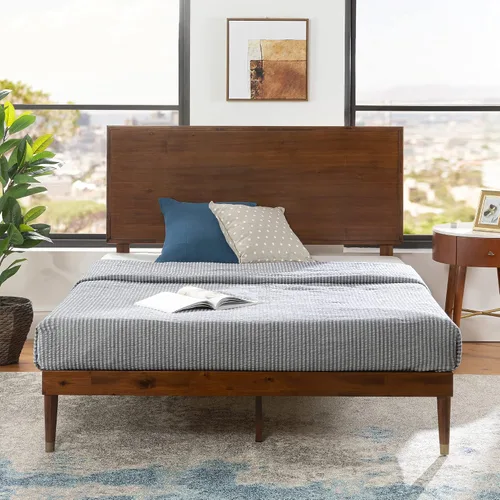 Vista 6 de Zinus Deluxe cama de madera estilo de medio siglo con cabecero, sin necesidad de colchon de resortes, Pino, Marrón