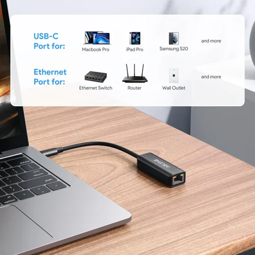 Vista 4 de Adaptador USB C a Ethernet, ABLEWE Type-C a RJ45 Gigabit Ethernet, adaptador de red LAN Thunderbolt 3 a RJ45 compatible con MacBook Pro/Air, iPhone