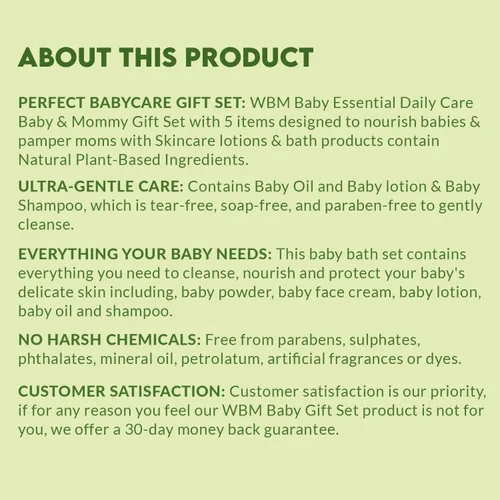 Vista 9 de WBM Care Baby Gift Set 5 productos esenciales para el cuidado de la piel del bebé: loción para bebés, champú para bebés, crema facial, polvo