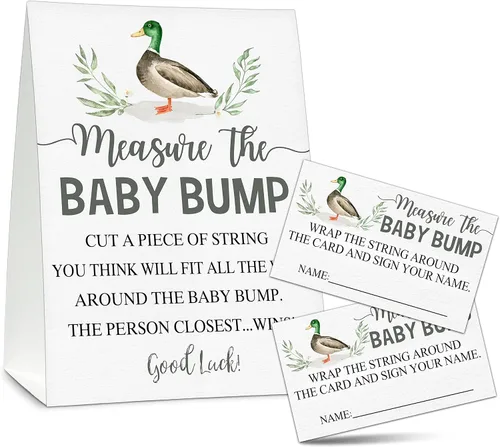 Vista 9 de Measure the Baby Bump - Juego de juego para baby shower, 1 letrero de pie con 50 tarjetas de adivinanzas, suministros de decoración de fiesta