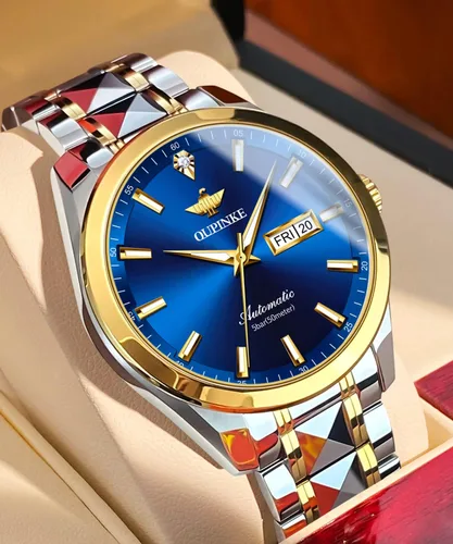 Vista 5 de OUPINKE Relojes automáticos para hombre, con diamantes reales, cuerda automática, mecánico, dorado, de lujo, reloj de pulsera impermeable