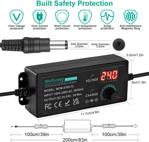 Vista 5 de Fuente de alimentación universal 3V ~ 24V 3A 72W Cargador de adaptador variable ajustable de CA/CC, convertidor de CA a CC de 100 V-240 V
