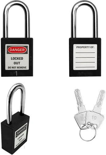 Vista 5 de SAFBY 50 cerraduras de bloqueo con llave con 50 etiquetas de bloqueo, candados seguros Loto para estaciones y dispositivos de bloqueo (1-50 negro)