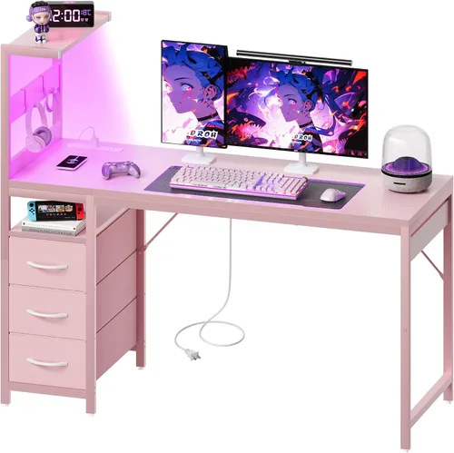 Vista 9 de YOUDENOVA Escritorio para computadora de juegos de 40 pulgadas con luces LED, escritorio pequeño con estantes y cajones de almacenamiento, mesa