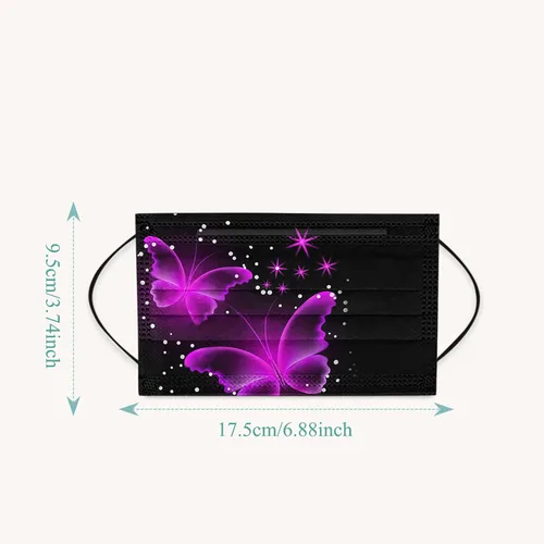 Vista 8 de Paquete de 50 mascarillas desechables para adultos y mujeres, diseño de mariposas, para el cuidado de la piel, transpirable, filtro de 3 capas