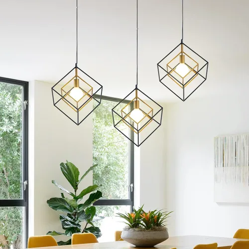 Vista 2 de Lámpara de araña geométrica moderna, lámpara colgante de metal con 1 luz, lámpara de techo colgante de latón negro, iluminación industrial de cubo