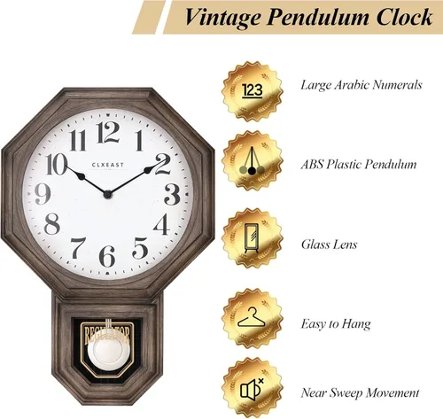 Vista 3 de Reloj de Pared de Péndulo, Relojes de Pared de Péndulo Regulador de Escuela Grandes para Decoración de Sala de Estar, Plástico con Acabado de Roble