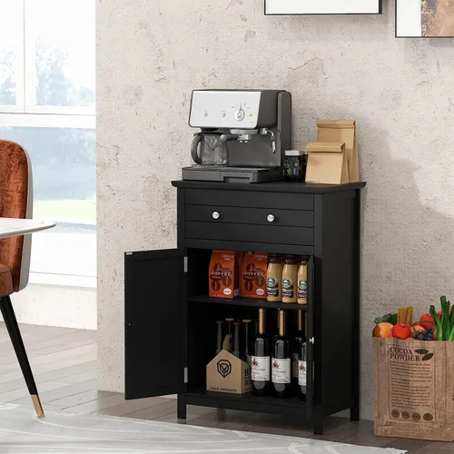 Vista 7 de GOFLAME Gabinete de almacenamiento de madera para baño, moderno armario organizador de baño con estante ajustable de 3 alturas, cajón y estante de 2