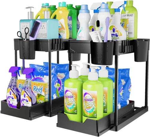 Vista 11 de Organizador para debajo del fregadero y almacenamiento de baño, paquete de 2 unidades, organizador de cesta de gabinete Kicthen de 2 niveles