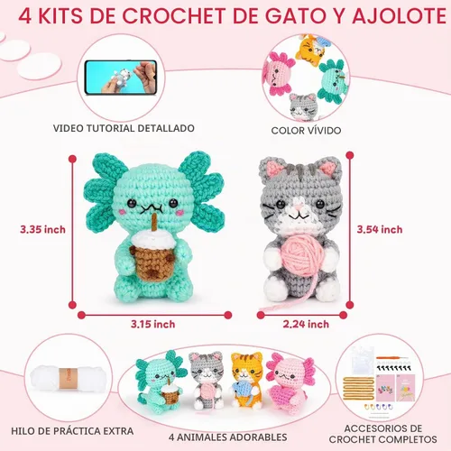 Vista 4 de Kit de ganchillo para principiantes, kit de ganchillo para gatos Axolotls Familia de ajolotes y gatos