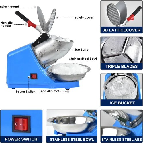 Vista 3 de Máquina eléctrica de hielo afeitado, con picahielo y cuchara, 3 cuchillas de máquina eléctrica de cono de nieve (300 W, 2200 r/min), máquina