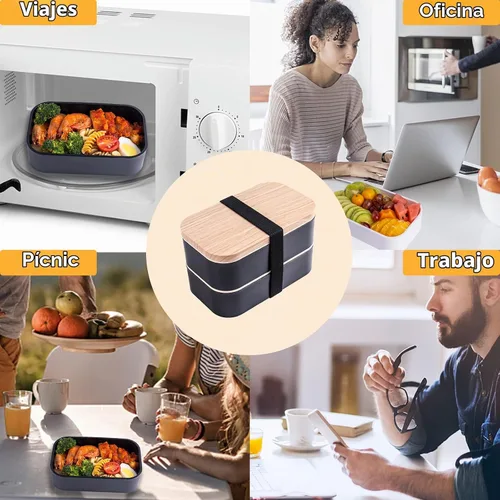 Vista 5 de Healfyya Caja Bento con Bolsa de Almuerzo Apta para Microondas Todo-en-Uno Compartimento de Preparación de Comidas Contenedores de Almuerzo