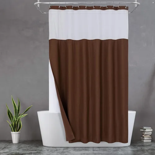 Vista 19 de N&Y HOME - Juego de cortina de ducha de punto gofre, forro de tela a presión y ganchos, para ducha pequeña, estilo hotel, ventana superior de malla
