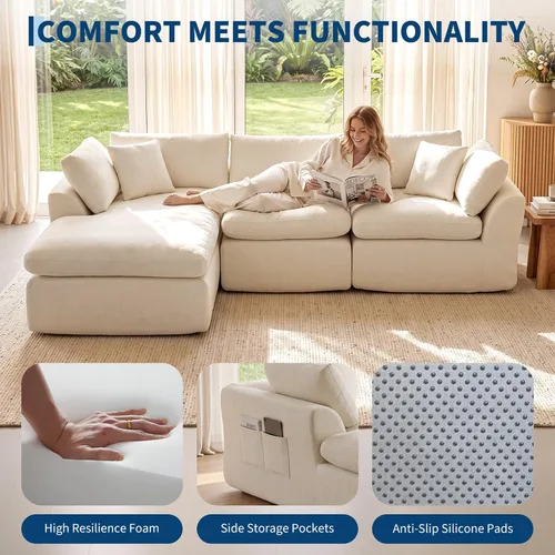 Vista 4 de Sofá nube sin hueso de 111 pulgadas en forma de L con diván, sofá modular de 3 plazas para sala de estar, sofás de felpilla deshuesados de gran Beige