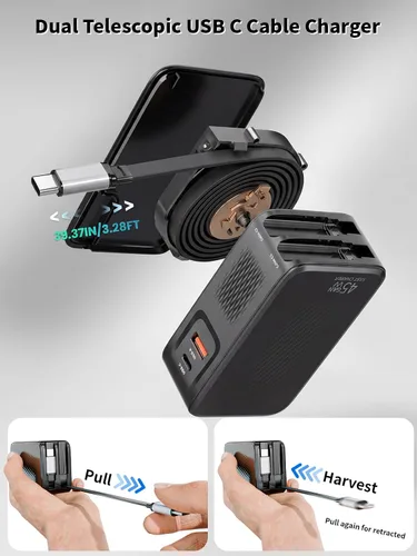 Vista 3 de Cargador USB C retráctil, cargador de iPhone de 45 W, carga rápida, bloque de enchufe plegable 4 en 1, cable doble tipo C para iPhone 17E/17