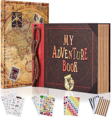 Vista 10 de Nuestro libro de aventuras hecho a mano de 11.92 x 7.62 pulgadas encuadernado en cuero con 80 páginas, letras en relieve, inspirado en 'Up', ideal