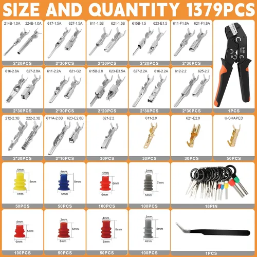 Vista 2 de Kit de conectores de clavija de 1379 piezas, conectores eléctricos con herramienta de engarzado, 28 tipos de pasadores de crimpado macho hembra