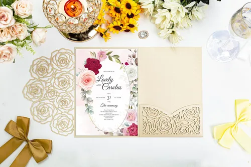Vista 3 de Página interior personalizada, cortada con láser, bolsillo para tarjetas de invitaciones de boda con sobre para fiesta de cumpleaños, invitación