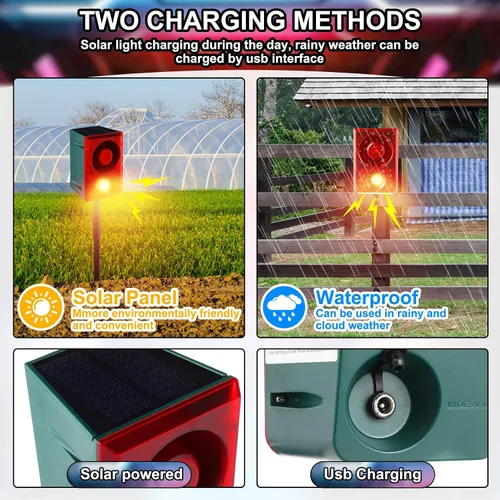 Vista 6 de Qualirey Alarma solar con sensor de movimiento para exteriores con sonido de disparo de estaca, 3 modos de grabación y volumen ajustable, carga USB