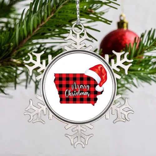 Vista 2 de Iowa - Adornos de copo de nieve de búfalo a cuadros, sombrero de Navidad, adornos de Navidad personalizados 2022, adornos de estado del hogar