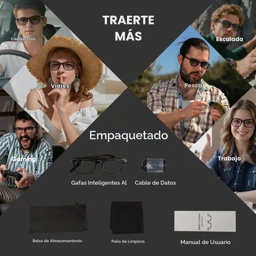 Vista 9 de Gafas inteligentes Al 2026, gafas de traducción Bluetooth con 164 idiomas Lentes fotocromáticas negras